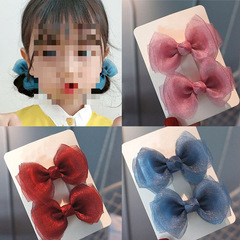 European and American ins pearl satin bow clip children's fabric hairpin 2-piece set female hair clip sweet netting hair decoration 