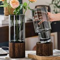 北欧ins创意玻璃花瓶圆木底座 客厅餐桌水养鲜花插花装饰摆件批发