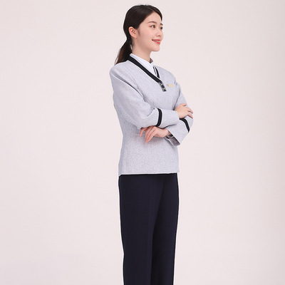 2021新款春秋套装灯笼袖梭织服饰保洁工作服批发定做|ms