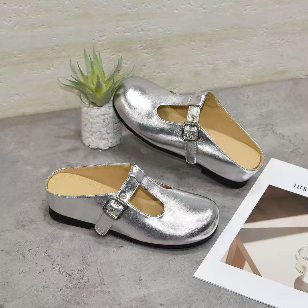 Dép sandal nữ da thật mũi nhọn đế bệt quai chữ V — màu đen chi tiết 8