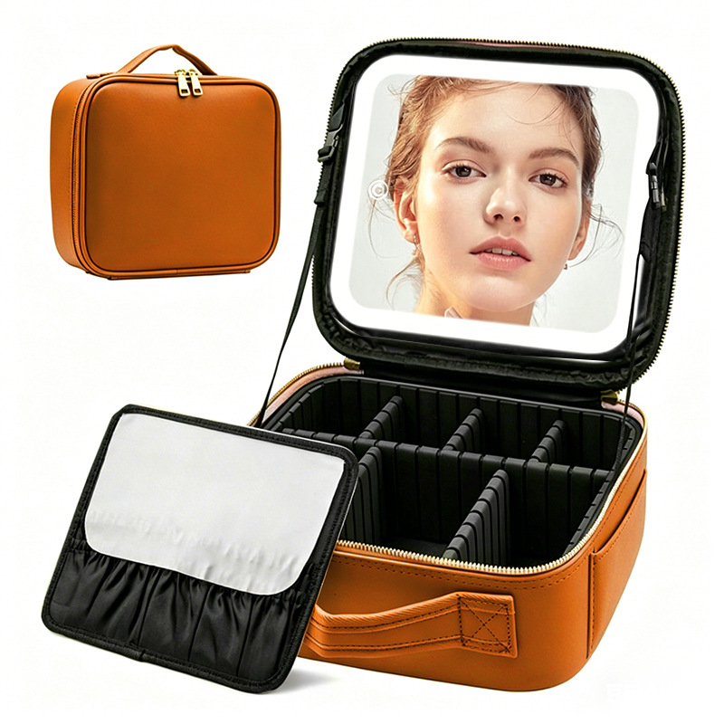 Bolsa de maquillaje de alta calidad con espejo con LED, partición desmontable, bolsa de maquillaje portátil impermeable de almacenamiento de gran capacidad