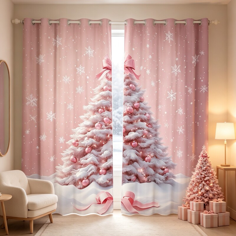 Cross-border girl's pink Christmas tree blackout curtains, dreamy princess bow curtains for living room and bedroom decoration
