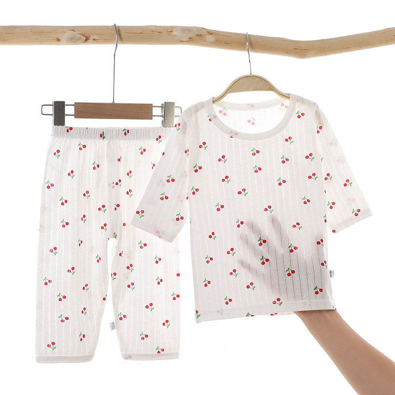 Conjunto de pijama para uso doméstico, ropa de algodón puro para aire acondicionado para niños y niñas, ropa de verano fina de manga corta para bebés y niños pequeños.