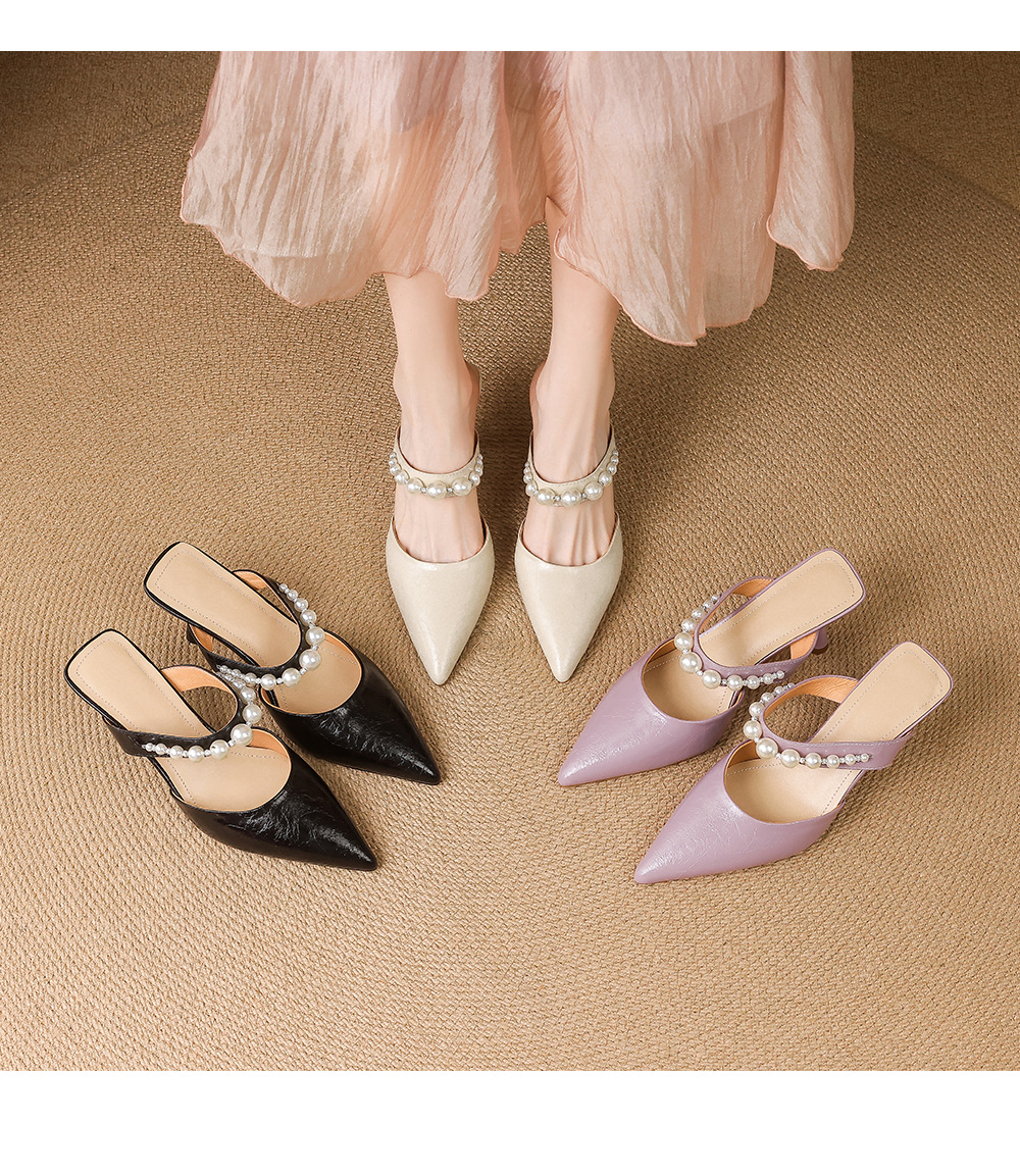 Giày sandal cao gót nữ mũi nhọn da bò, gót mảnh 9 cm, phong cách nữ thần — đen chi tiết 1