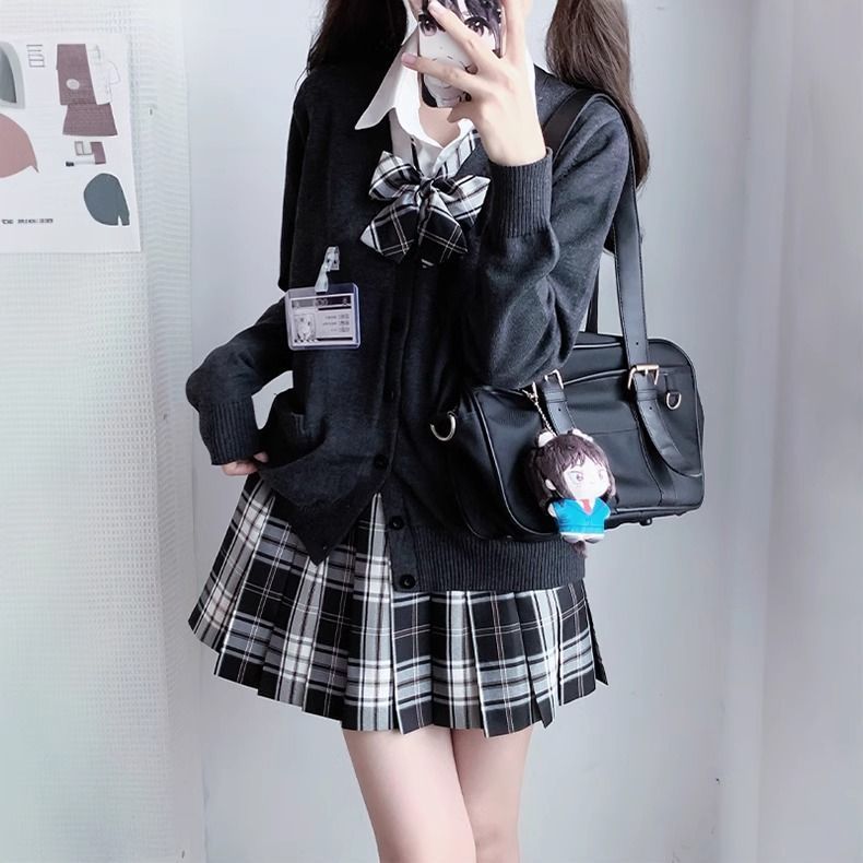 原创正版JK制服秋冬季校供长袖毛衣开衫格裙衬衫女日系学院风套装|undefined