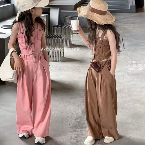 Girls' summer denim suit, fashionable Internet celebrity, medium and large children's solid color casual girl's suspender wide-leg pants two-piece set, trendy
