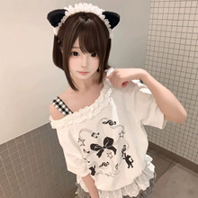 【四叶草黑猫】可爱风斜肩蕾丝花边短袖T恤女夏白色印花甜美上衣