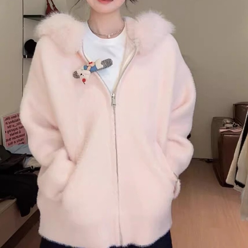 Autumn and Winter Super Cute Korean-Style Pink Faux Mink Sweater Cardigan Jacket for Women with Fur Collar and Hooded Zipper Knit Top