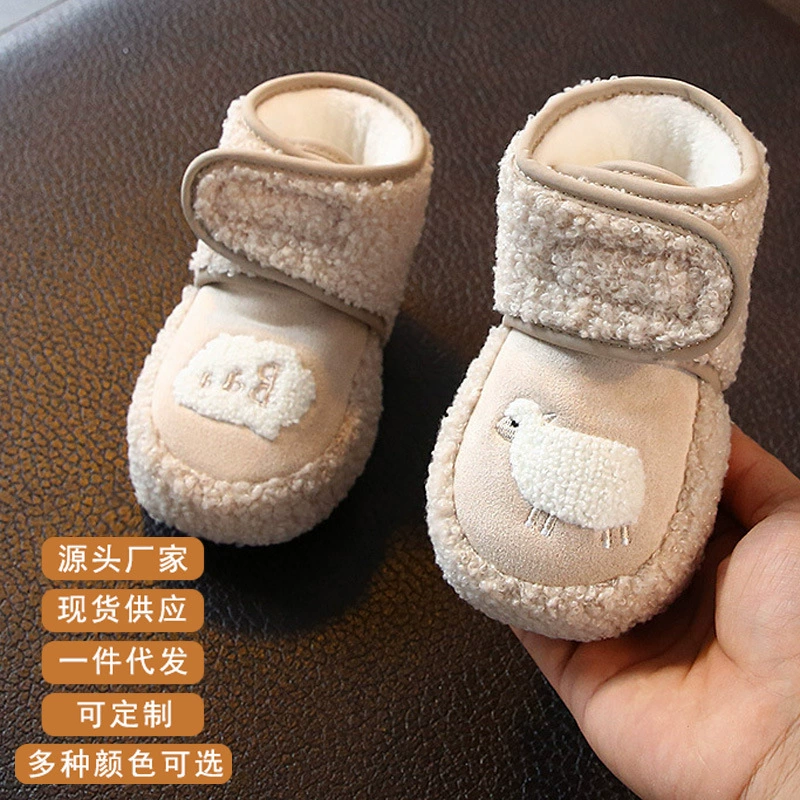 От 0 до 1 года Осенне-зимняя утолщенная обувь для новорожденных детская мягкая подошва теплая хлопковая обувь с защитой от падения на флисовой подкладке 3-6-12 месяцев
