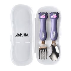 Cartoon portable cute animal fork and spoon tableware travel two-piece set for children learning to eat complementary food stainless steel tableware set