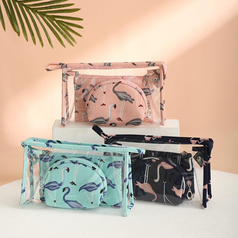 Bolsa de cosméticos de alta calidad para comercio exterior, bolsa de cosméticos transparente impermeable con diseño de flamenco, set de viaje de tres piezas, bolsa de aseo portátil.