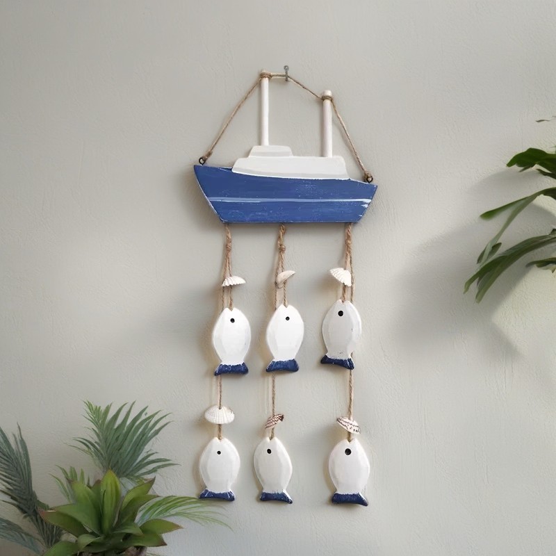 海洋风格铁锚小鱼串帆船创意简约壁饰挂饰木质客厅卧室壁挂