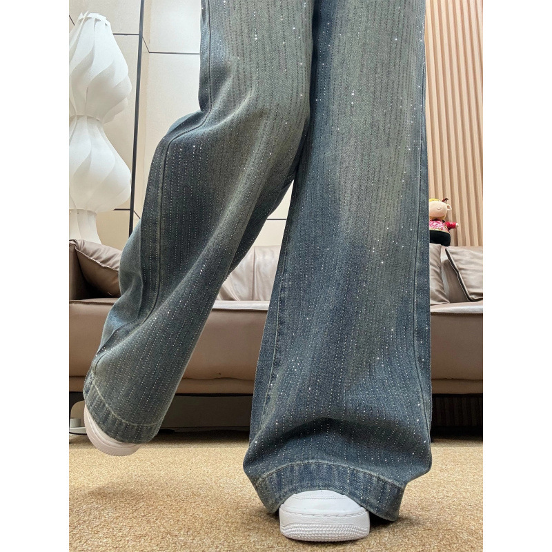 Wide-Leg Jeans with Starry Rhinestones for Women, Autumn New Plus-Size High-Waisted Loose Slimming Straight-Leg Floor-Length Pants