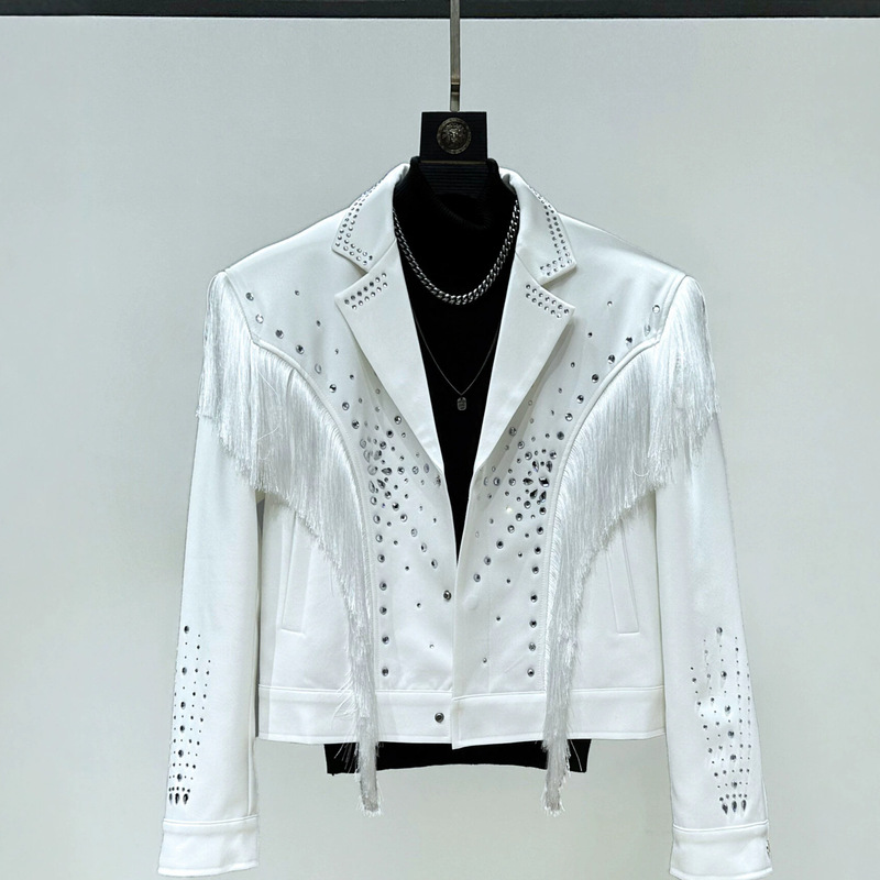 2026 New Rhinestone Tassel White Blazer for Men, Unique Design for Stage Performance, Short Style Suit 2026 New Rhinestone Tassel White Blazer for Men, Unique Design for Stage Performance, Short Style Suit