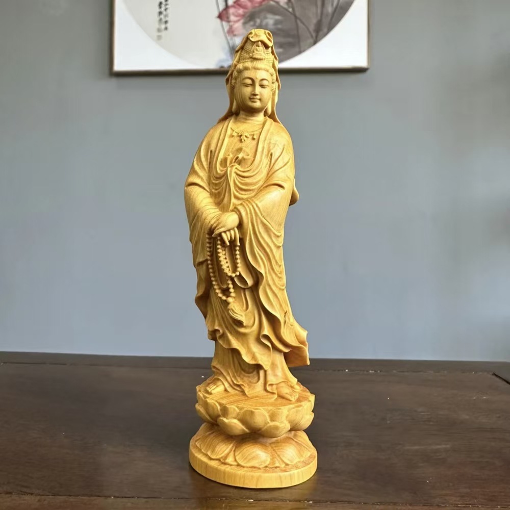 太行崖柏木雕念珠观音摆件实木雕刻观音菩萨传统木雕工艺桌面饰品