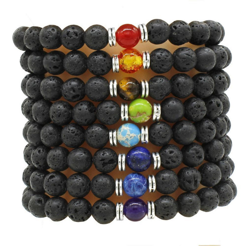 Factory Direct Sales of Foreign Trade Women's Jewelry Accessories 8mm Seven-Chakra Volcanic Rock Bracelet Yoga Wheel Bracelet