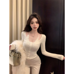 昕可达 白色v领蕾丝针织衫女秋冬假两件修身内搭打底衫纯欲上衣