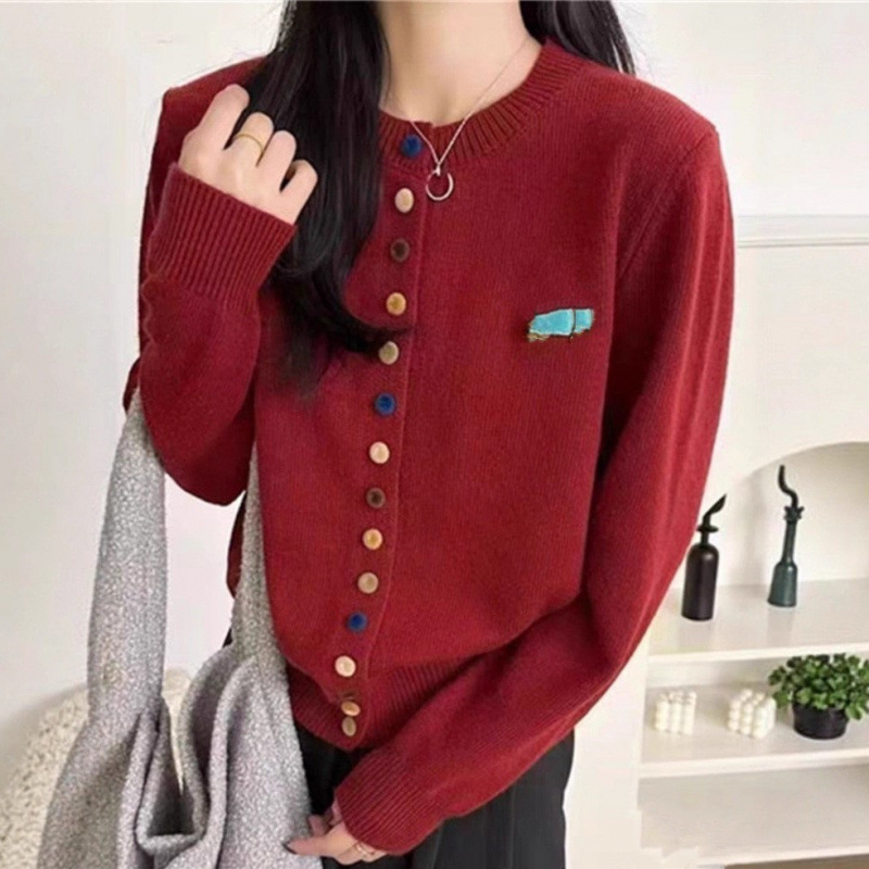 Original Brand Discount Export Colorful Button Red Knitwear Cardigan Women's Autumn and Winter Design Niche Knitwear