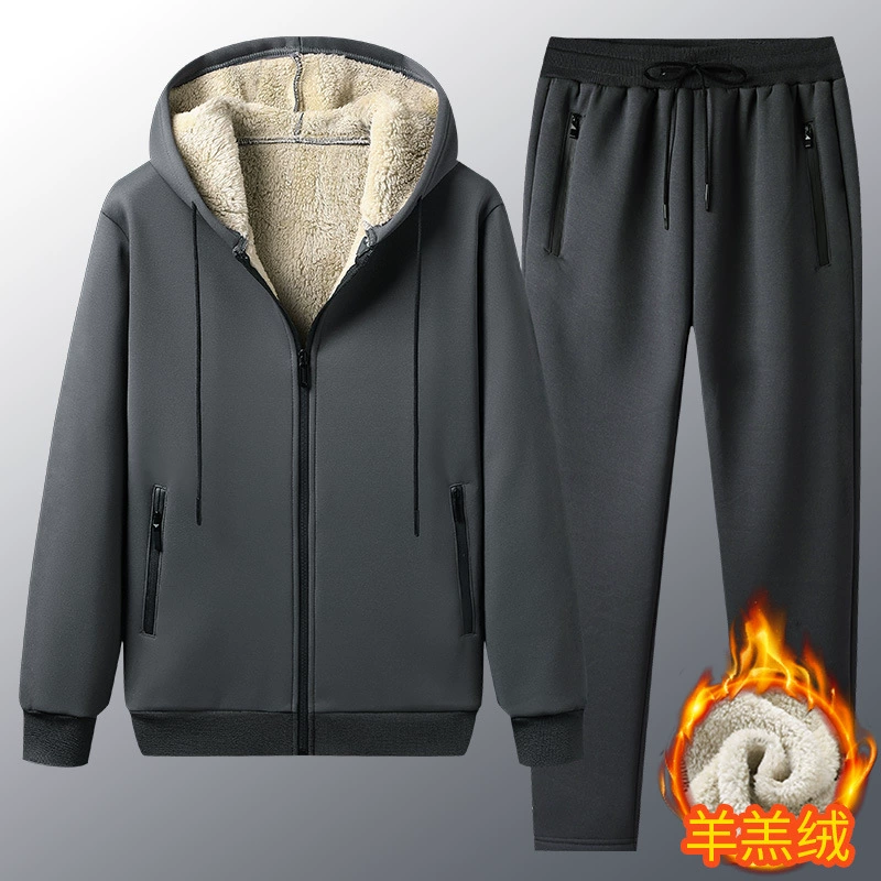 Winter sports suit with hood, cardigan with zipper, fleece set, sweatshirt, warm trousers, 2 piece set