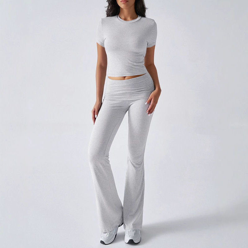 Ayj24T888 Cross-Border European and American Clothing 025 Spring and Summer Export Casual Pure Color Slim Short-Sleeved Pants Sports Suit