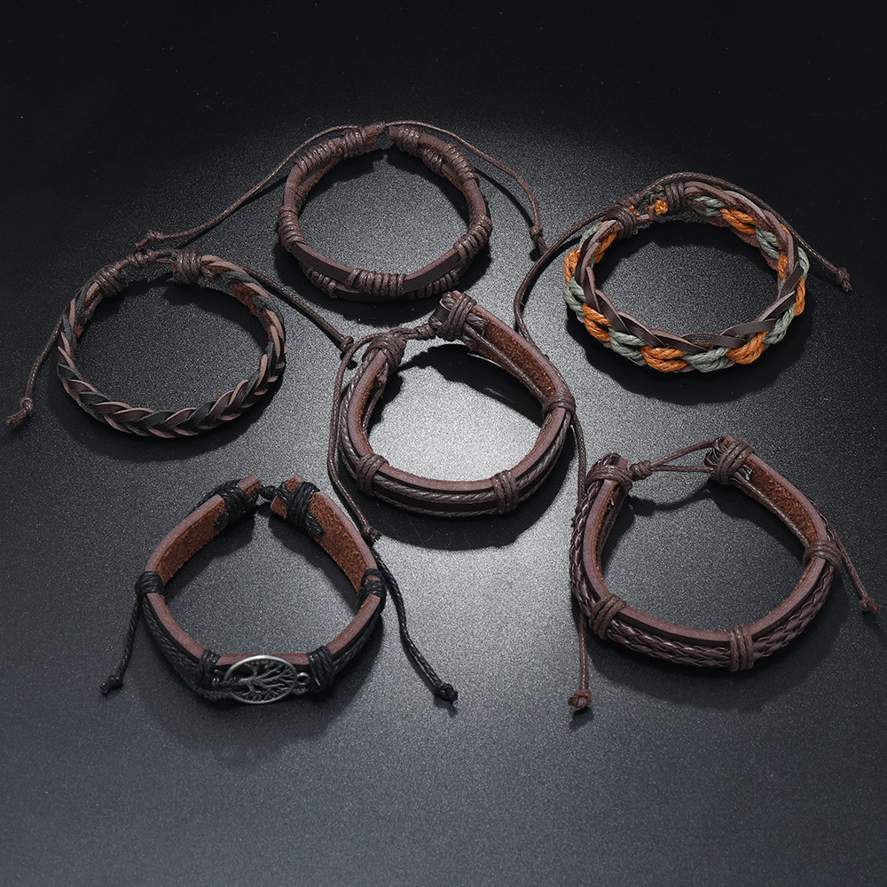 Men's Gender Retro Geometric Life Tree Pu Leather Alloy Wax Line Braid Men's Bracelets Drawstring Bracelets Men Cord & Leather Bracelets