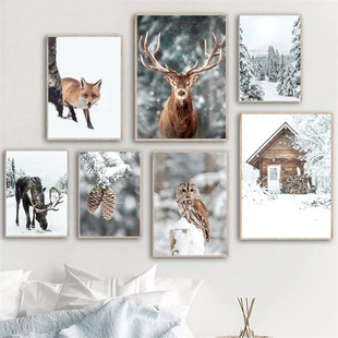 Modern Nordic winter snow landscape pine forest elk owl pine cone Christmas decoration snow house Fox hanging painting