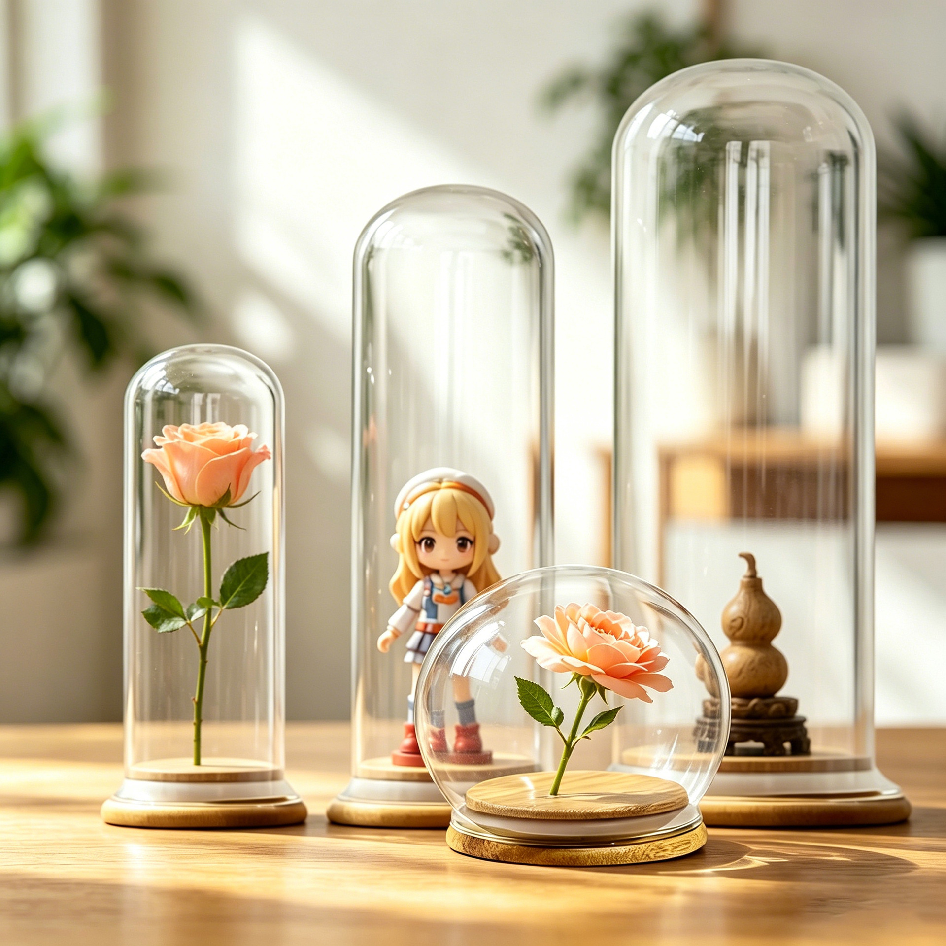 Cúpula de Vidrio con Base de Bambú de Vidrio de Borosilicato y Bambú Sellado, Antipolvo para Flores Secas y Manualidades