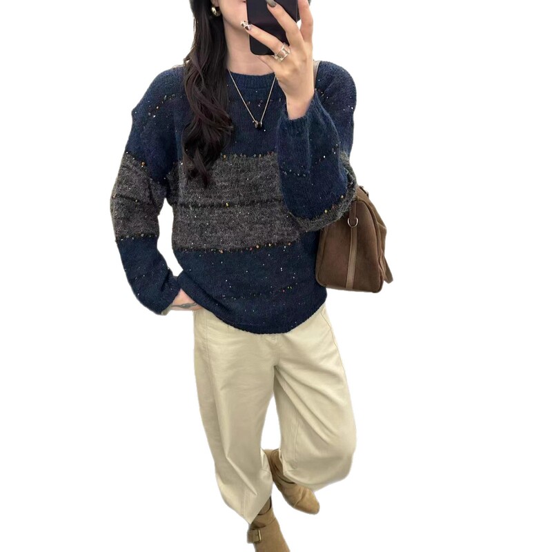 巨好看的韩系氛围感穿搭撞色针织衫女早秋宽松慵懒高级感毛衣上衣|undefined