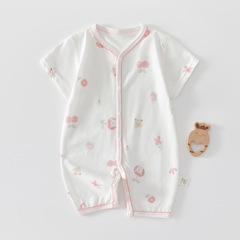 嬰兒短袖連體衣夏季薄款新生兒哈衣純棉男女寶寶空調家居服網眼孔