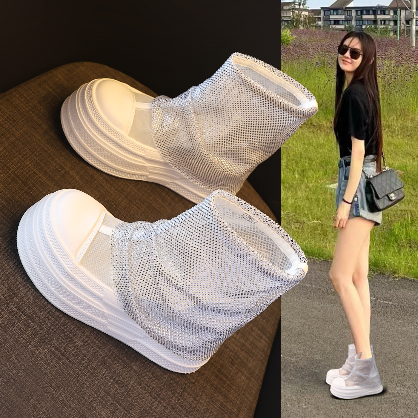 Boot cổ thấp nữ đế dày tăng chiều cao, lưới thoáng khí đính đá rhinestone — màu đen, màu trắng