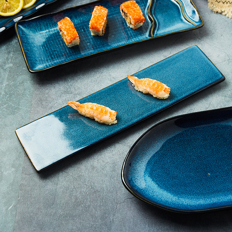 Placa de cerámica del hogar de estilo japonés horno azul esmalte sushi Placa de pescado placa mayoristas vajilla de cerámica placa larga