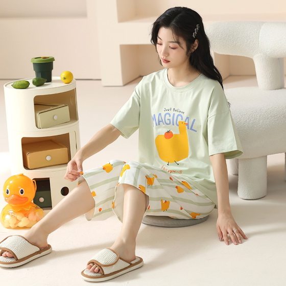 100% Pure Cotton Antibacterial Pajamas Women's Summer Short Sleeve Shorts Sweet Casual Loose plus size Outer Wear Home Wear suit