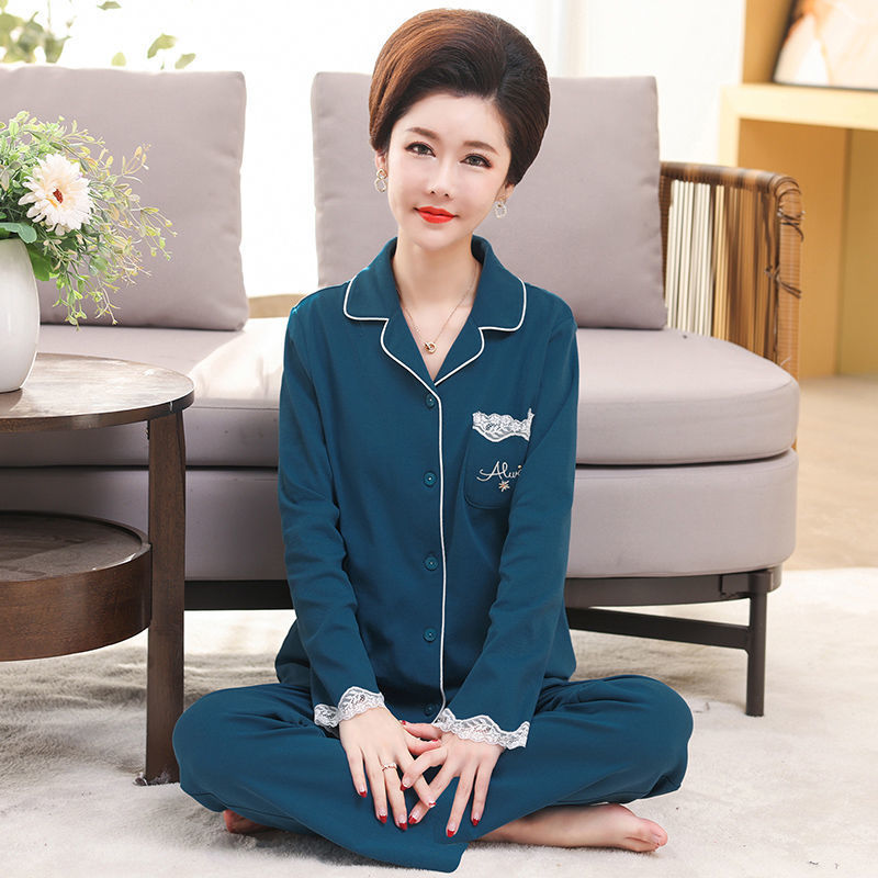 Pijamas de mujer de mediana edad 100% algodón Pijamas de mujer de verano de manga larga de mediana edad y madres ancianas usan traje Delgado