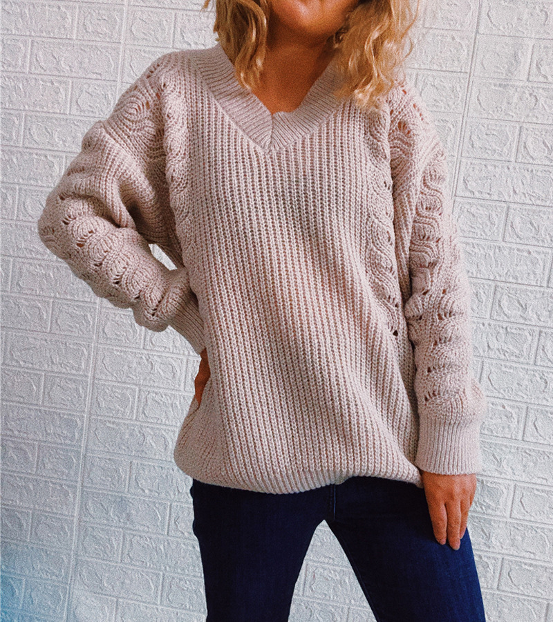 Twist V-Neck Long-Sleeved Solid Color Sweater NSSX104238