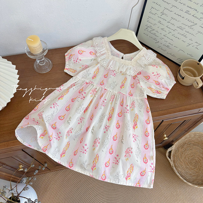 Girls Pure Cotton New Summer Floral Dress Girls Summer Sweet Skirt Lace Fashion Short-Sleeved Skirt Baby Girl
