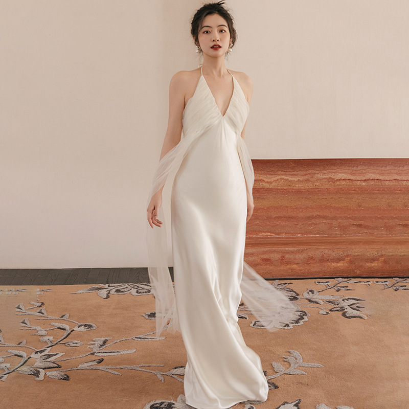 French Light Wedding Dress Sling Bridal Morning Gown Creamy Satin Super Fairy Sexy High-class Tour Shot Door Yarn Dress White