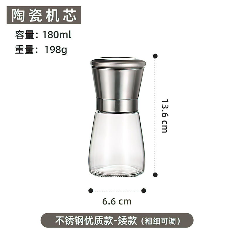 Acero inoxidable negro pimienta amoladora manual de acero al carbono movimiento de vidrio condimento caja sazonador tarro venta directa de la fábrica