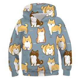 跨境速卖通3D数码印花可爱卡通小狗柯基柴犬童装休闲阳光连帽卫衣