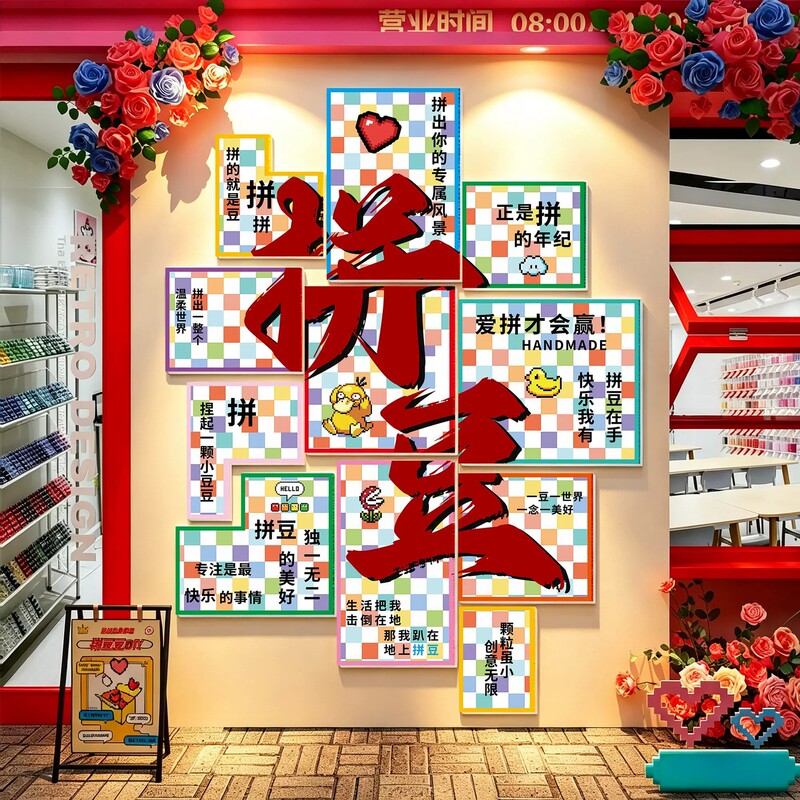 Trendy bead shop wall decoration, creative atmosphere setup, DIY handicraft workshop photo area, check-in background wall sticker