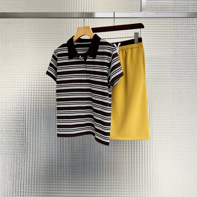 2026 Summer New Style Japanese Retro Style Tea Brown Polo Collar Half-Zip Striped Short-Sleeve T-Shirt Loose Top