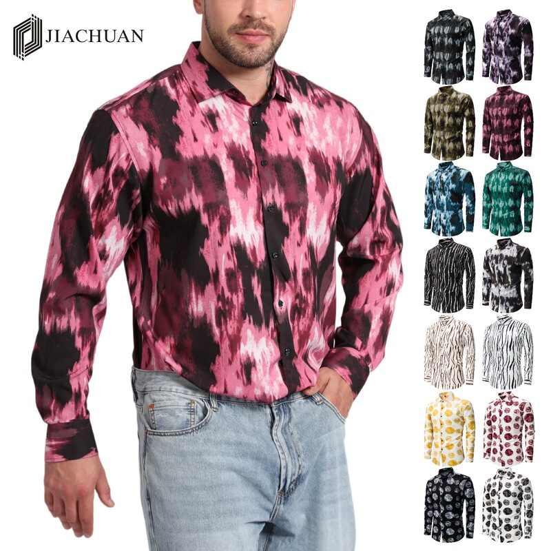 Jiachuan Men's Shirt, Stretch, Non-Iron, Cross-Border Exclusive, Digital Print Shirt, Men's Long Sleeve Fashion Casual Vacation Shirt