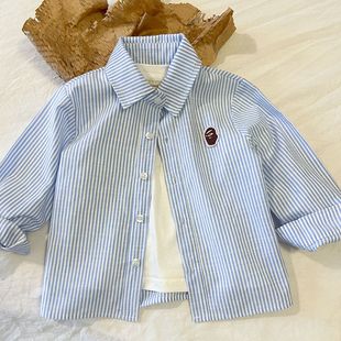 Autumn 2024 New Children's Long Sleeve Shirt Boys and Girls Autumn Top Fashionable Baby Striped Shirt Women's Korean Style