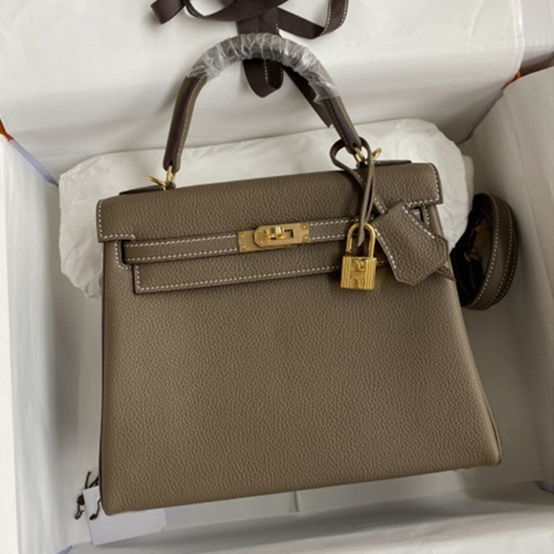 2025新款凯利包头层牛皮荔枝纹锁扣手提小方包时尚休闲真皮女包包