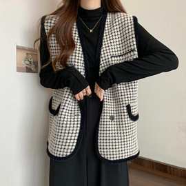 小香风千鸟格马甲外套女秋冬2024冬季新款中长款宽松大码针织背心