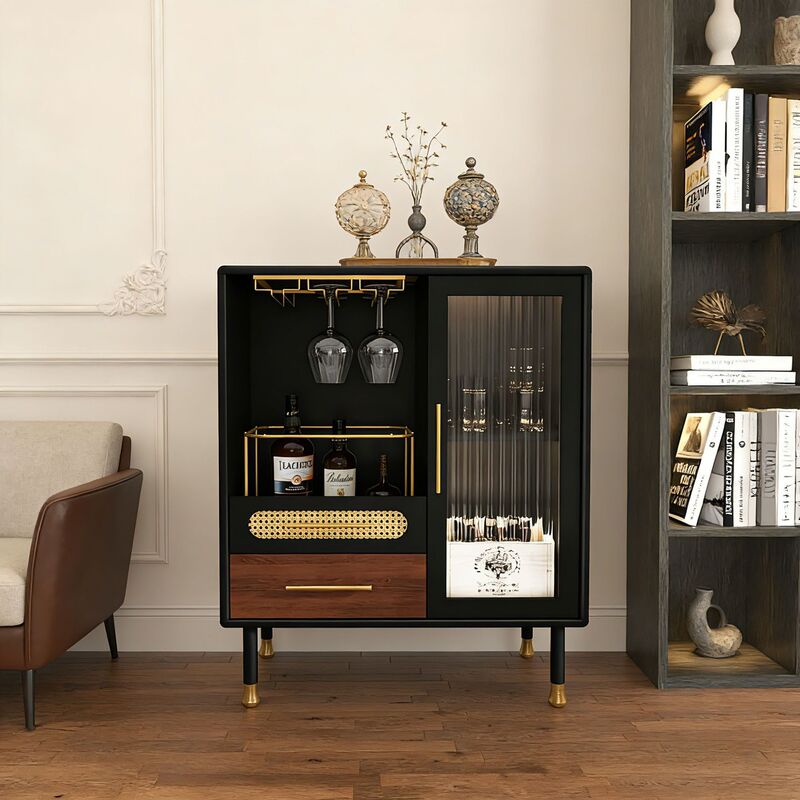 Modern Coffee Bar Cabinet with Wine Glass Rack and Black Wine Cabinet with Long-Slung Glass Doors, Suitable for Use in the Kitchen