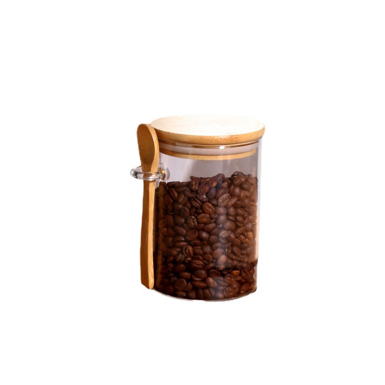 Wholesale con cucharas de vidrio, granos de café, flores de té, tanque de almacenamiento sellado con cucharas de mantenimiento fresco, condimento circular, tanque de almacenamiento