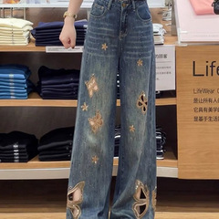 重工業中空刺繍蝶ブーツカットジーンズ 2025 夏の新スタイルスリムフィットファッショナブルなハイウエスト