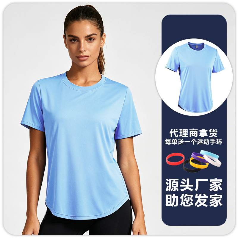 F8235 mujer color sólido protector solar transpiración sudor absorbible yoga ropa de fitness correr cuello redondo camiseta de manga corta camiseta deportiva image 11