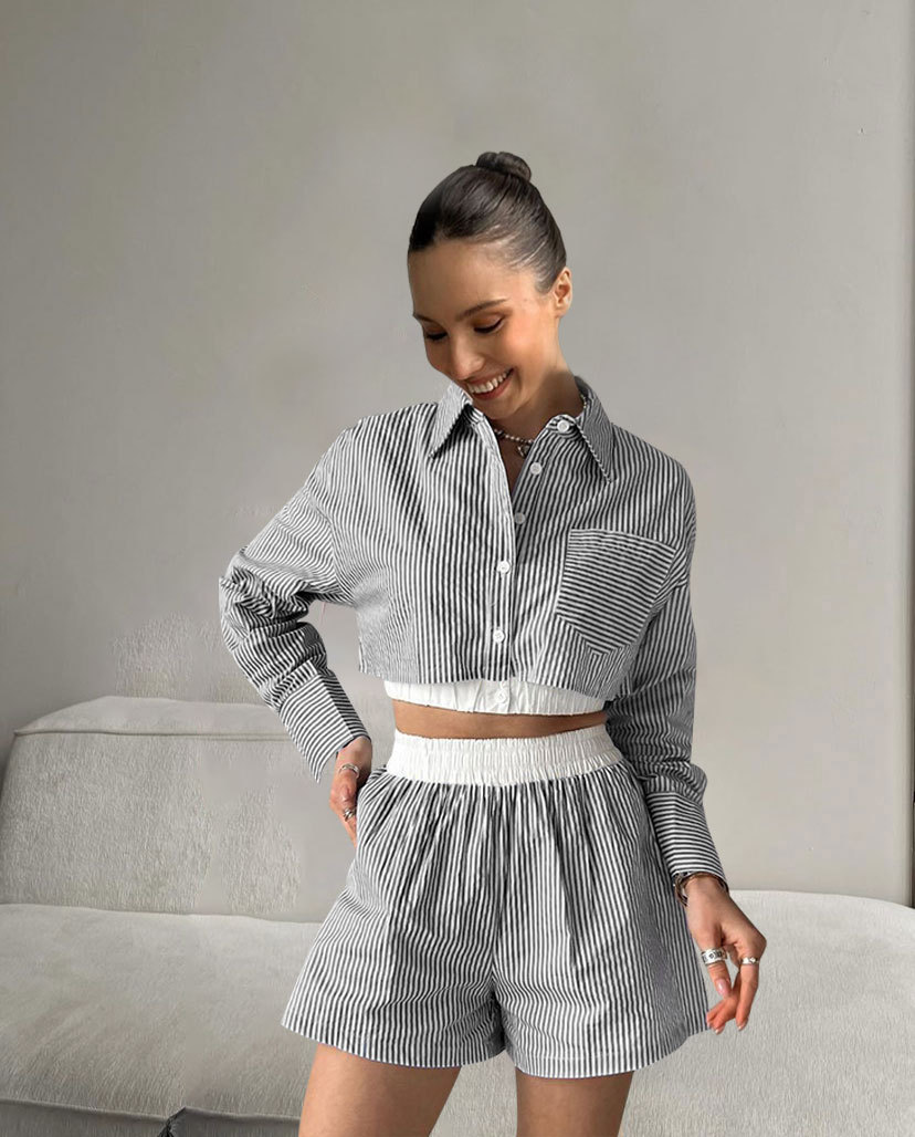 Striped Shirt Long Sleeve Ladies Two Piece Set Casual Elastic Waist Shorts Suit Summer
