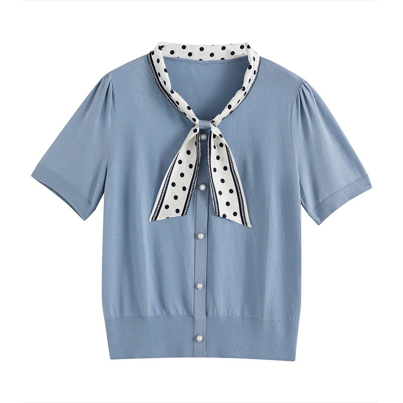 Ruffled V-Neck Polka Dot Pullover Short-Sleeve Knit Top for Women, 2026 Summer New Design, Niche Ice Silk Blouse Ruffled V-Neck Polka Dot Pullover Short-Sleeve Knit Top for Women, 2026 Summer New Design, Niche Ice Silk Blouse
